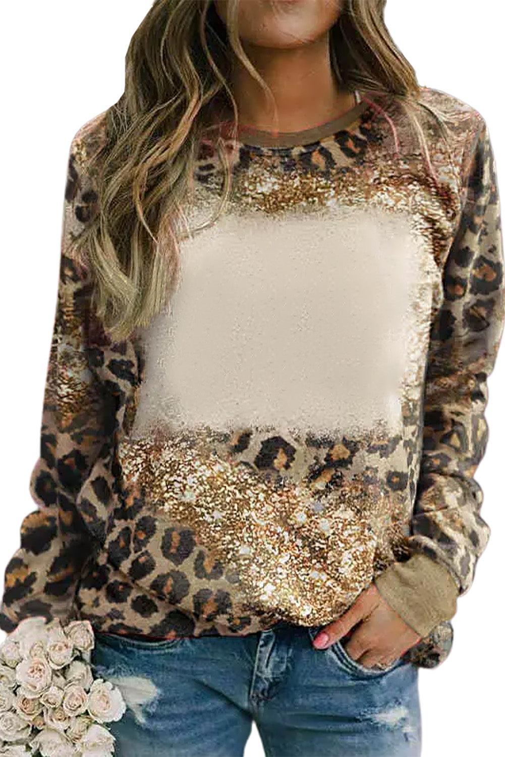 Bleached Tie Dye Leopard Print Long Sleeve Top - L & M Kee, LLC