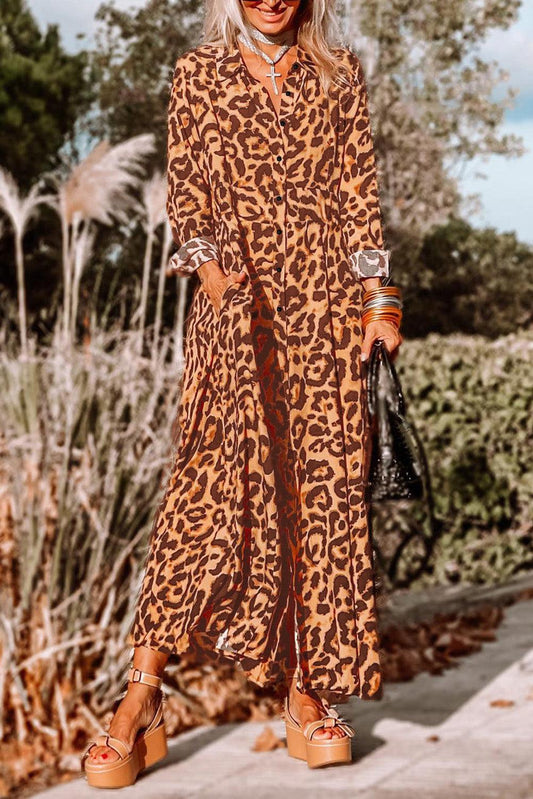 Leopard Button-Up Long Sleeve Maxi Dress - L & M Kee, LLC