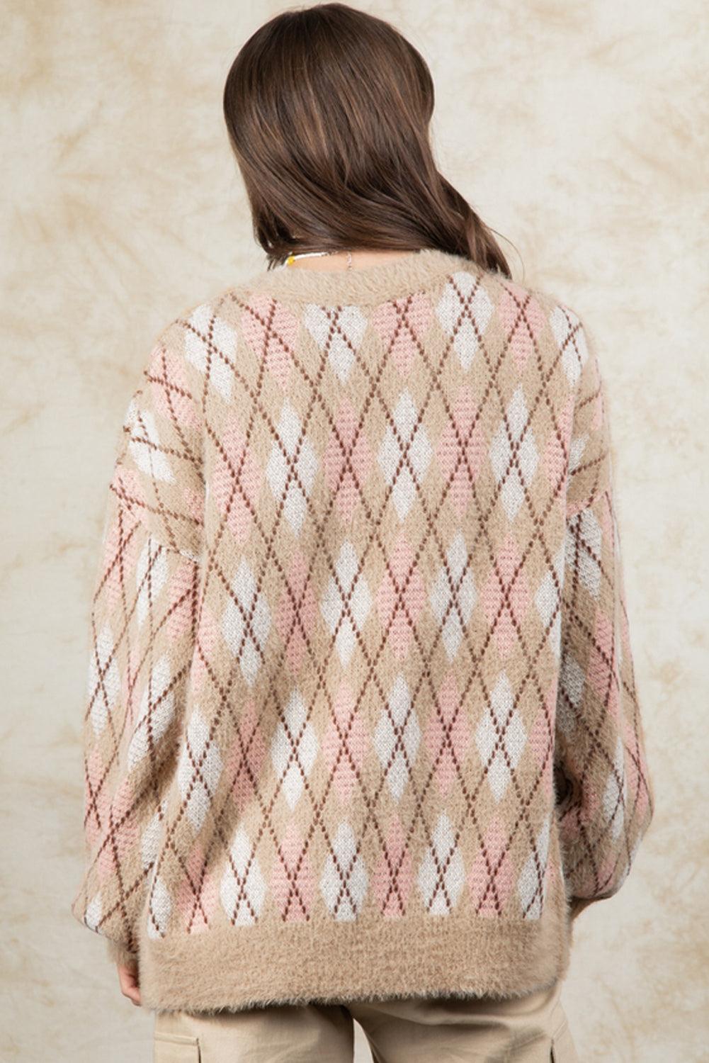 Multicolour Rhombus Pattern Knit Sweater Cardigan - L & M Kee, LLC