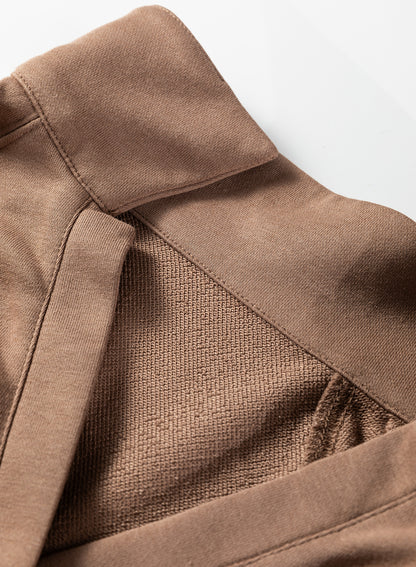 Dark Khaki Polo Collar V Neck Pullover and Drawstring Sweatpants Set