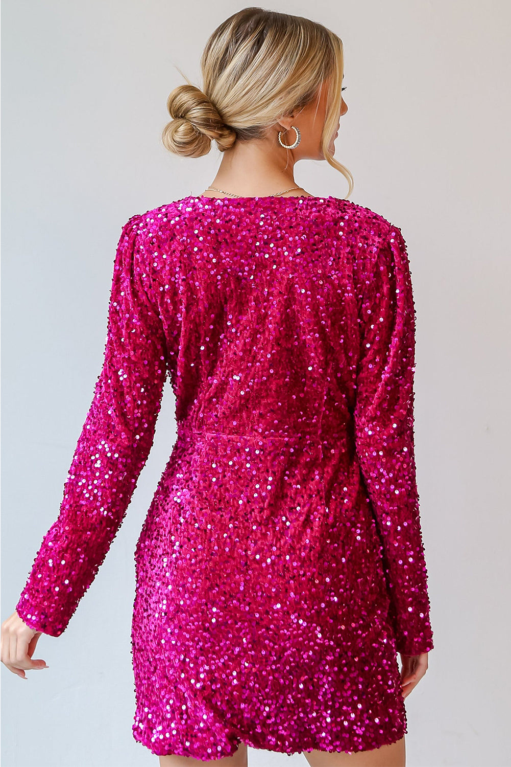 Pitaya Pink Velvet Sequin Long Sleeve V Neck Wrapped Mini Dress