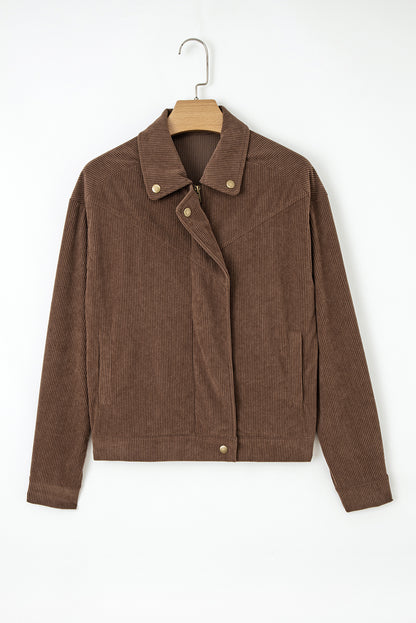 Dark Khaki Button Zip Up Lapel Collar Corduroy Jacket