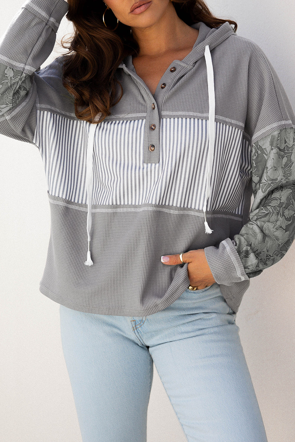 Gray Waffle Printed Patchwork Drawstring Hooded Long Sleeve Top