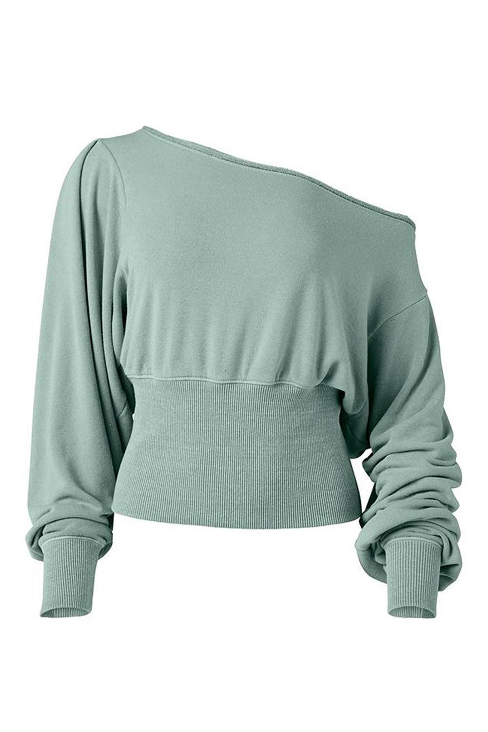 Green Off Shoulder Bishop Sleeve Cinched Waist Blouse - L & M Kee, LLC