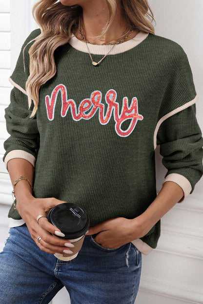 Four Leaf Clover Merry Patched Graphic Contrast Trim Christmas Knitted Long Sleeve Top