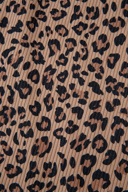 Khaki Ribbed Leopard Print Contrast Collar Zip Hooded Pullover Sweatshirt