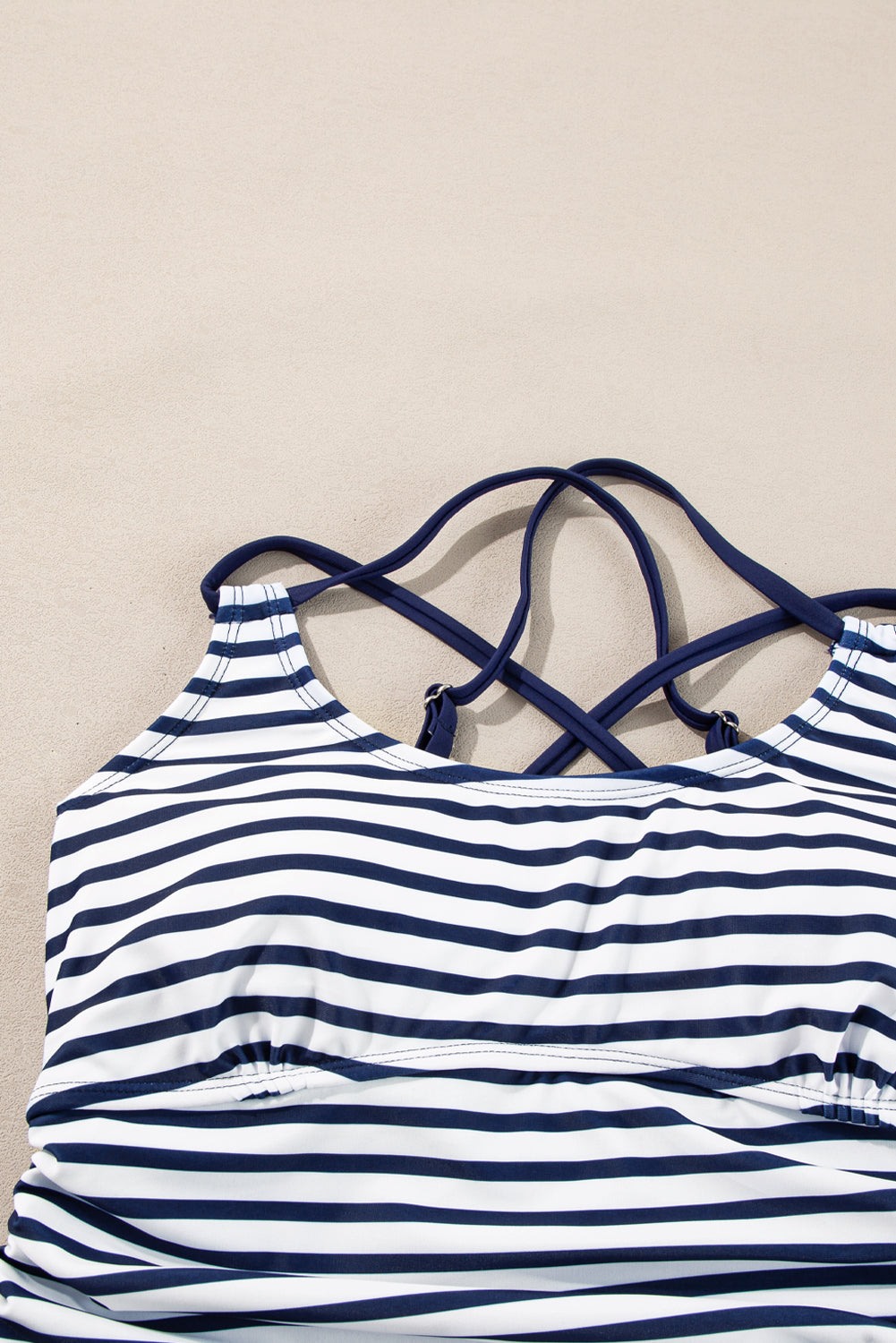 Blue Stripe Drawstring Tummy Control Mix-and-match 2pcs Tankini Swimsuit