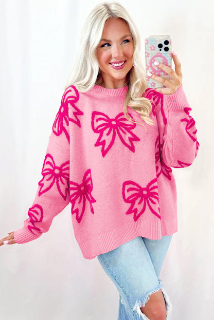 Pink Bow Pattern Drop Shoulder Loose Sweater