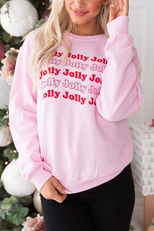 Pink Christmas Jolly Letter Print Pullover Sweatshirt - L & M Kee, LLC
