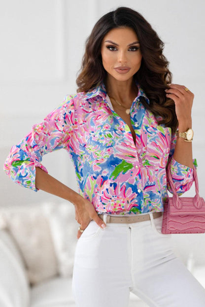 Pink Abstract Floral Print Notch V Neck Rolled Short Sleeve Blouse - L & M Kee, LLC