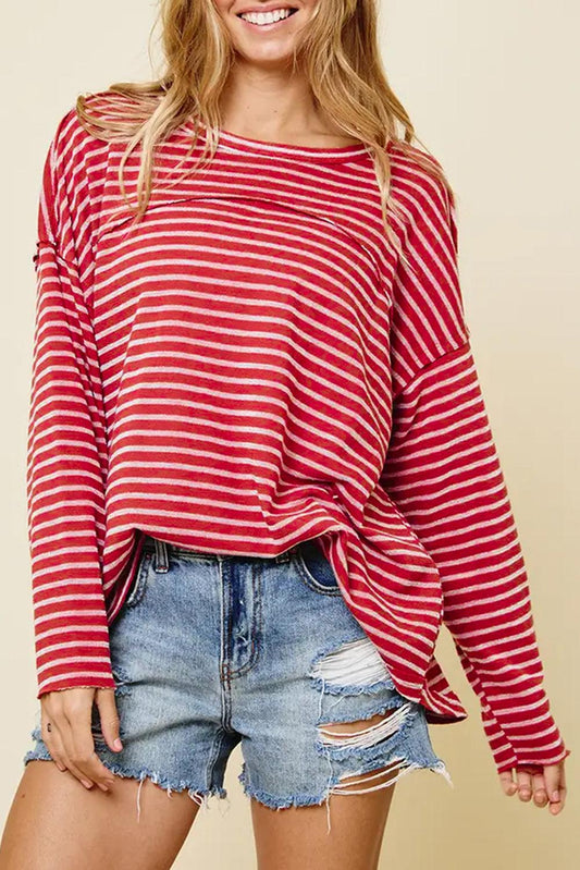 Red Striped Drop Shoulder Exposed Seam Long Sleeve Top - L & M Kee, LLC