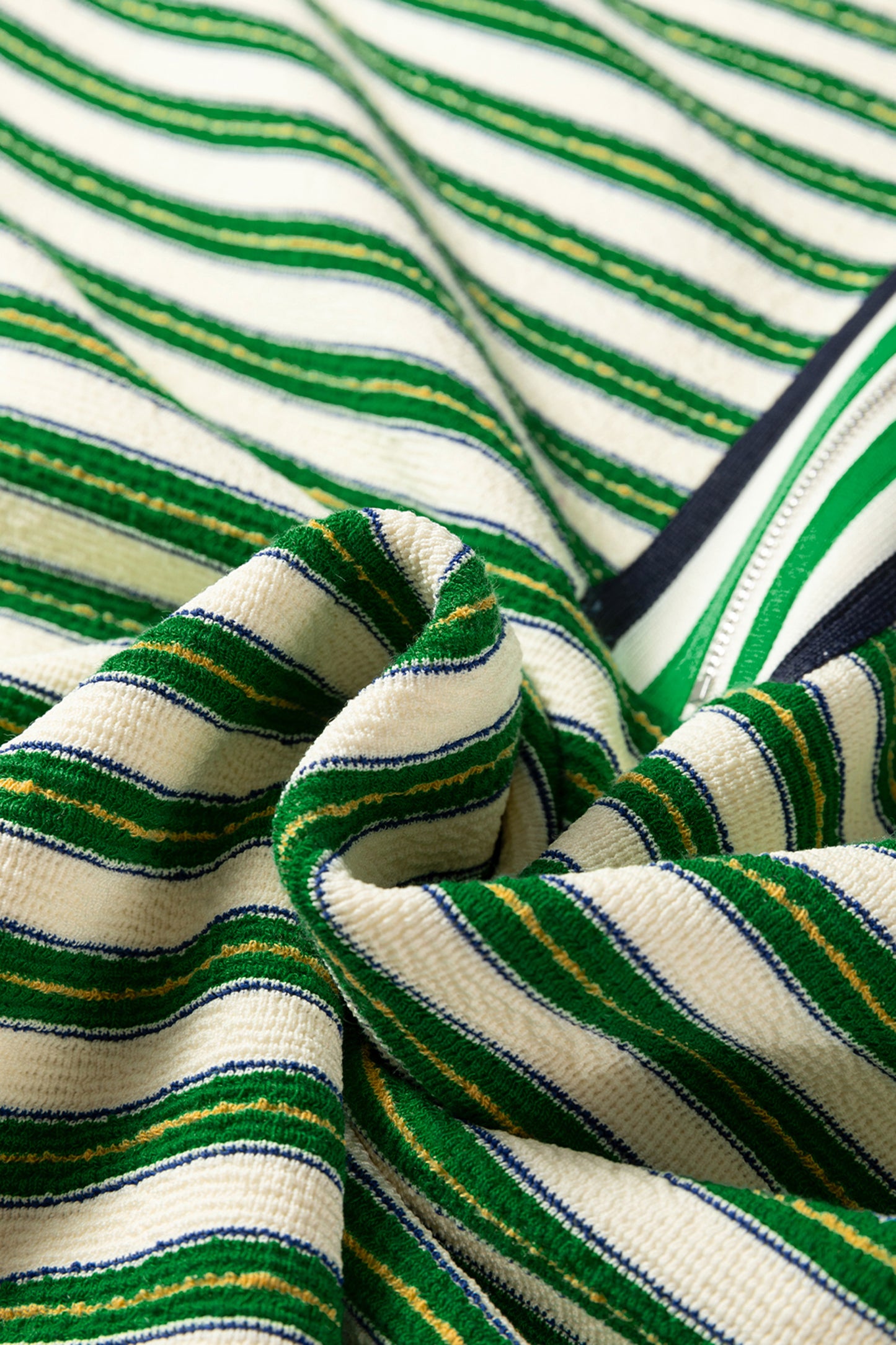 Dark Green Striped Print Contrast Collar Zip V Neck Long Sleeve Top