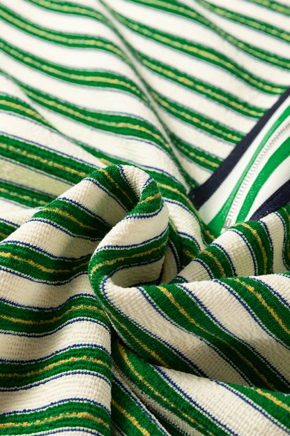 Dark Green Striped Print Contrast Collar Zip V Neck Long Sleeve Top