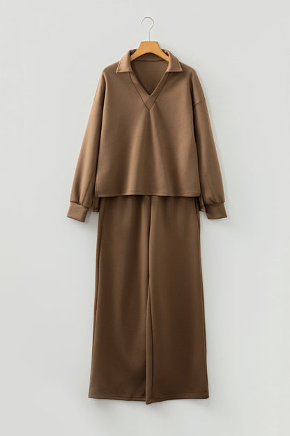 Coffee Solid Color V Neck Top and High Waist Pants Set