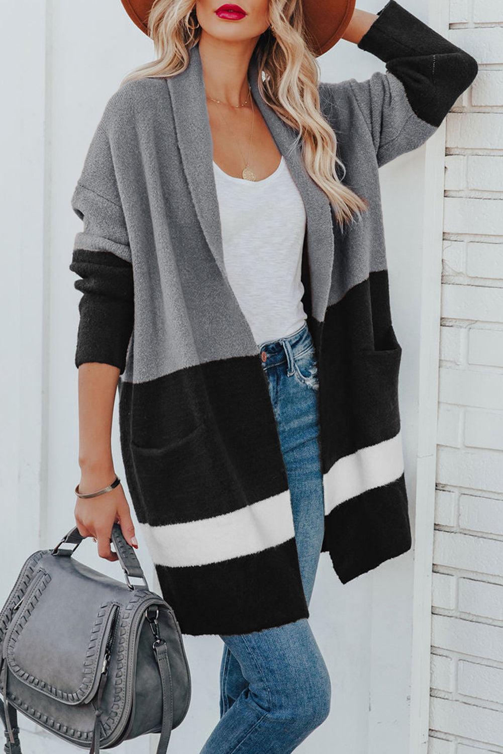 Gray Gingerbread Latte Colorblock Pocketed Cardigan - L & M Kee, LLC