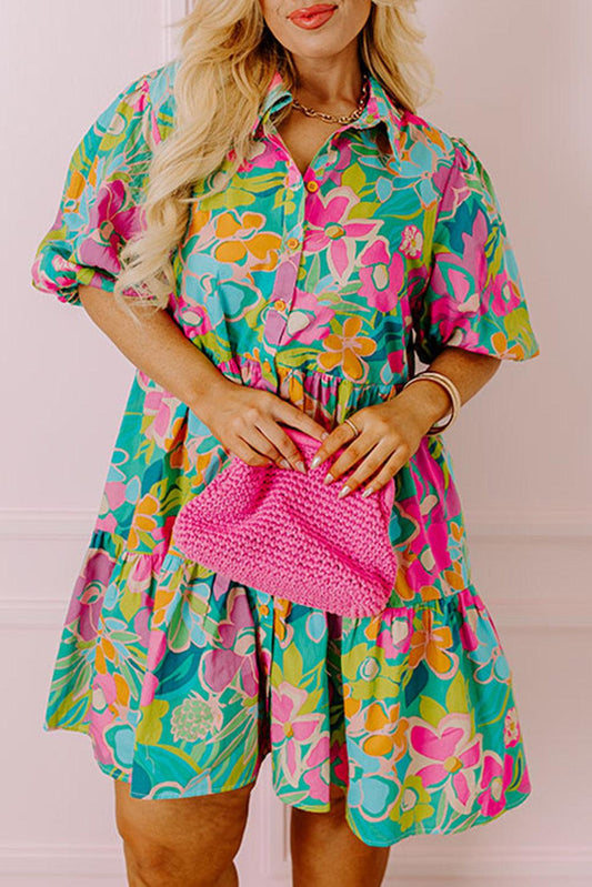 Green Plus Floral Print Puff Sleeve Tiered Shirt Dress - L & M Kee, LLC