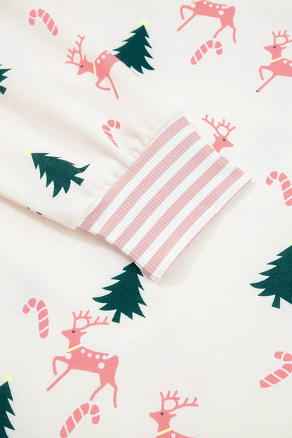 Pink Bow Christmas Tree Print Contrast Striped Banding 2pcs Lounge Set