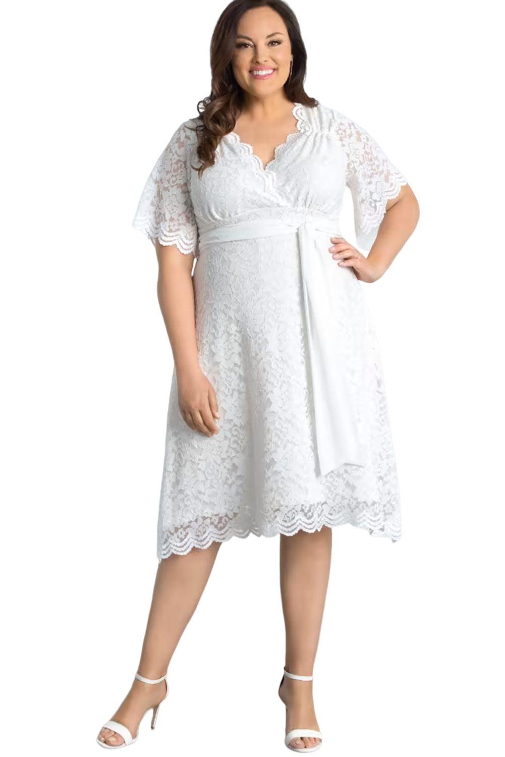 Scalloped Lace Wrap V Neck Plus Size Dress - L & M Kee, LLC