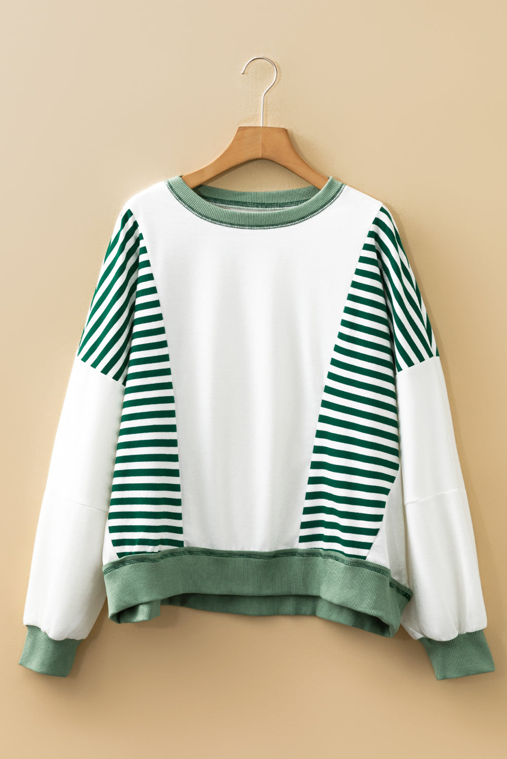 Green Stripe Colorblock Patchwork Contrast Stitching Oversize Sweatshirt