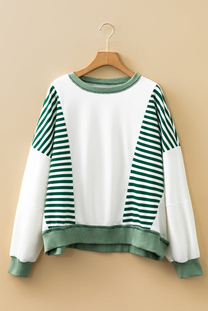 Green Stripe Colorblock Patchwork Contrast Stitching Oversize Sweatshirt
