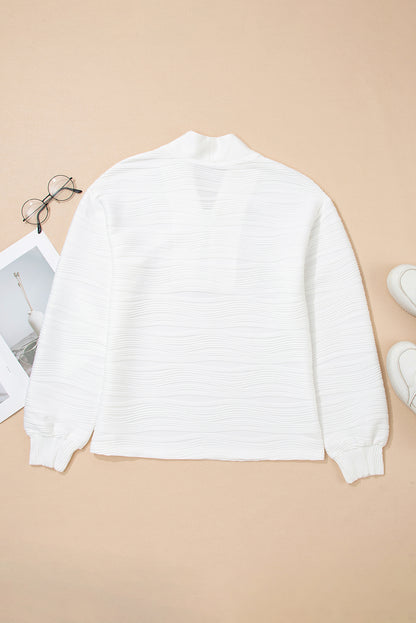 White Solid Color Textured Zip V Neck Pullover Sweatshirt