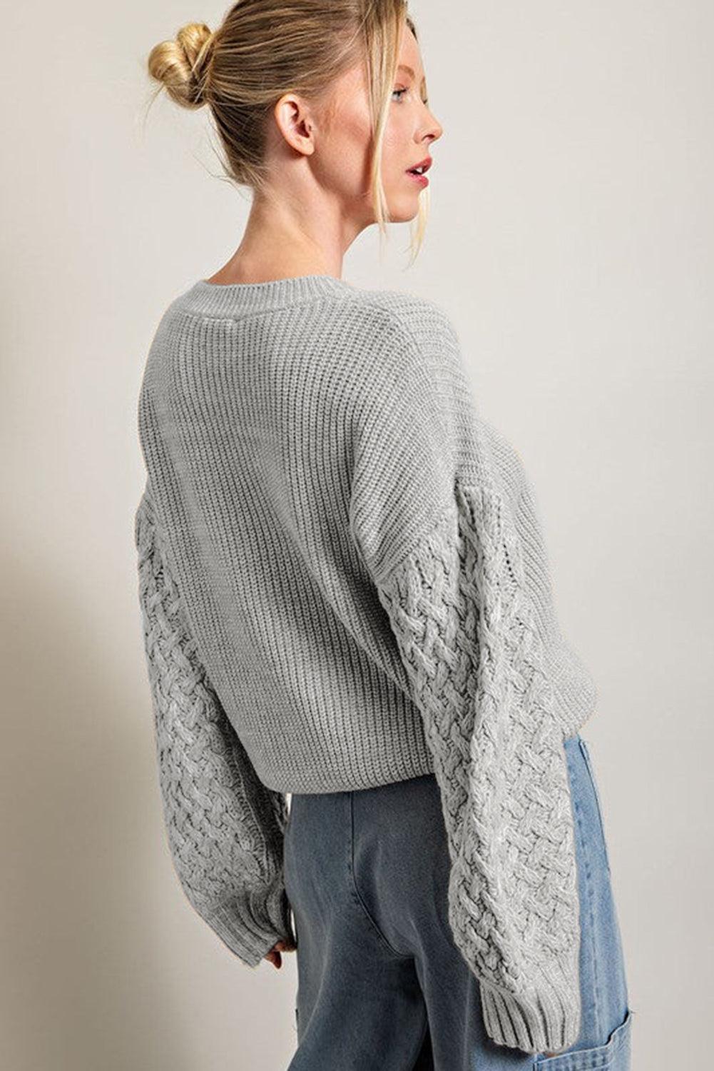 Sea Green Cable Knit Sleeve Drop Shoulder Sweater - L & M Kee, LLC