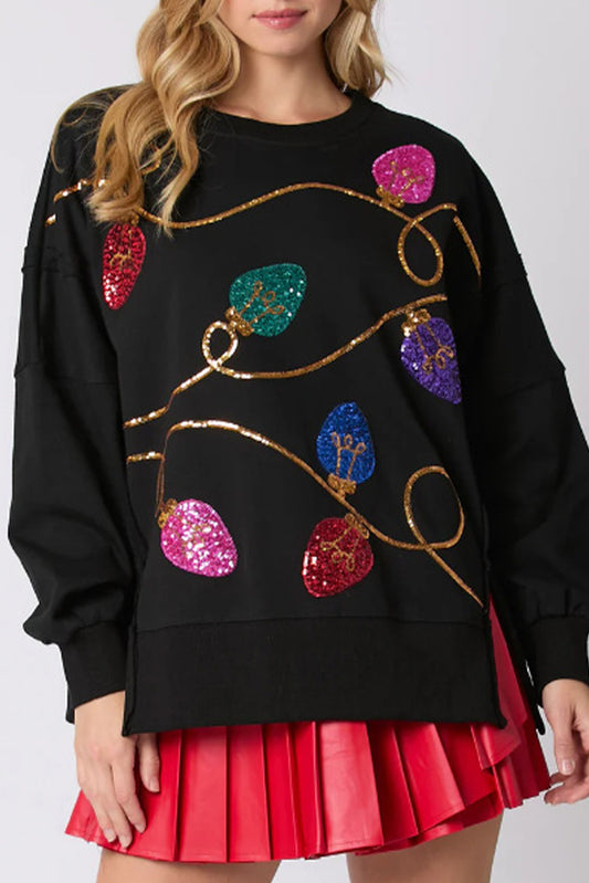 Black Bright Christmas Lights Printed Oversized Sweatshirt