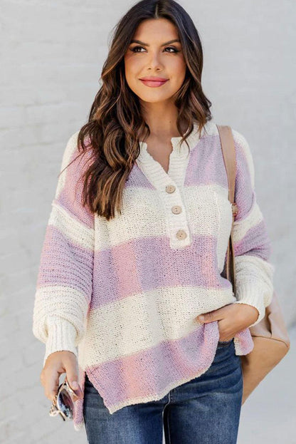 Striped Knit Button Ribbed Split Neck Sweater - L & M Kee, LLC