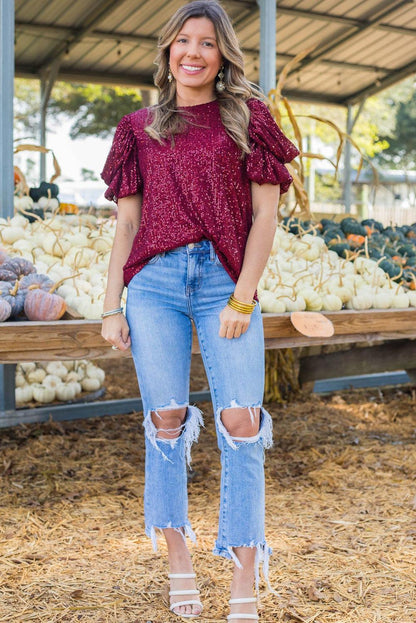 Burgundy Glittering Sequin Short Bubble Sleeve Blouse - L & M Kee, LLC