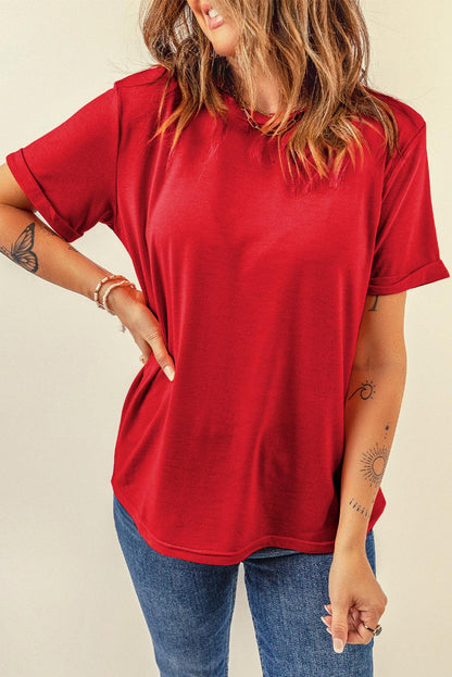 Red Casual Plain Crew Neck Tee - L & M Kee, LLC