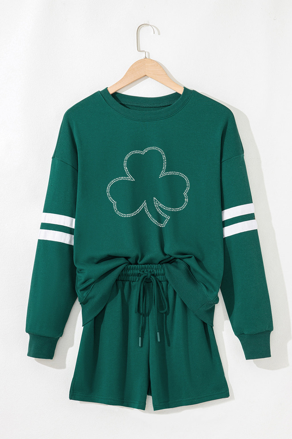 Evergreen Rhinestone Clover Varsity Pullover Drawstring Shorts 2pcs Set