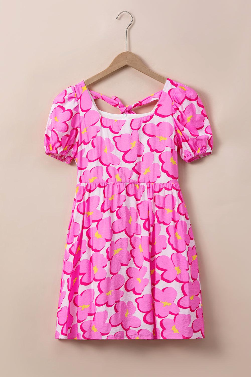 Rose Floral Print Square Neck Empire Waist Flowy Dress - L & M Kee, LLC