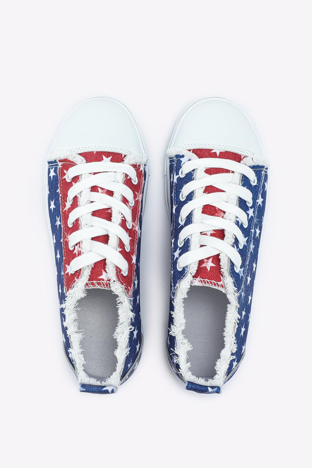 Multicolor American Flag Stars Printed Frayed Detail Lace-up Shoes - L & M Kee, LLC