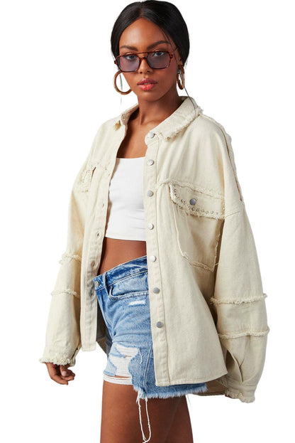 White Frayed Exposed Seam Denim Jacket - L & M Kee, LLC