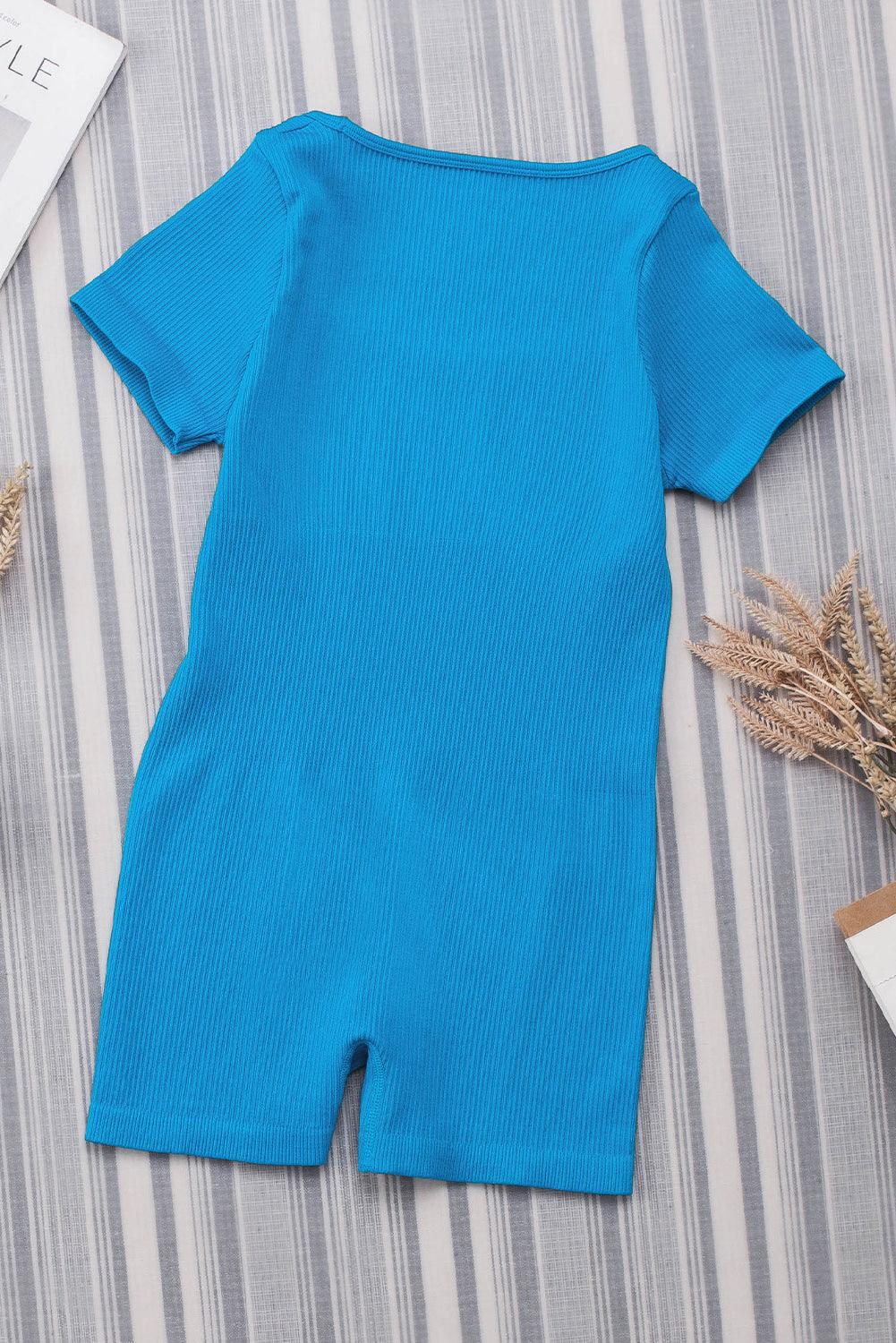 Sky Blue Ribbed Square Neck Short Sleeve Athleisure Romper - L & M Kee, LLC