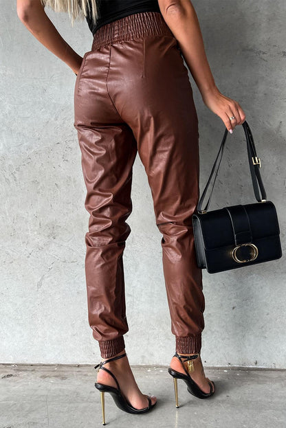 Brown Smocked High-Waist Leather Skinny Pants - L & M Kee, LLC