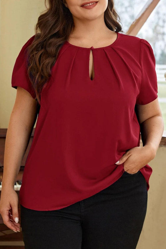 Red Dahlia Keyhole Pleated Crew Neck Plus Size T Shirt - L & M Kee, LLC