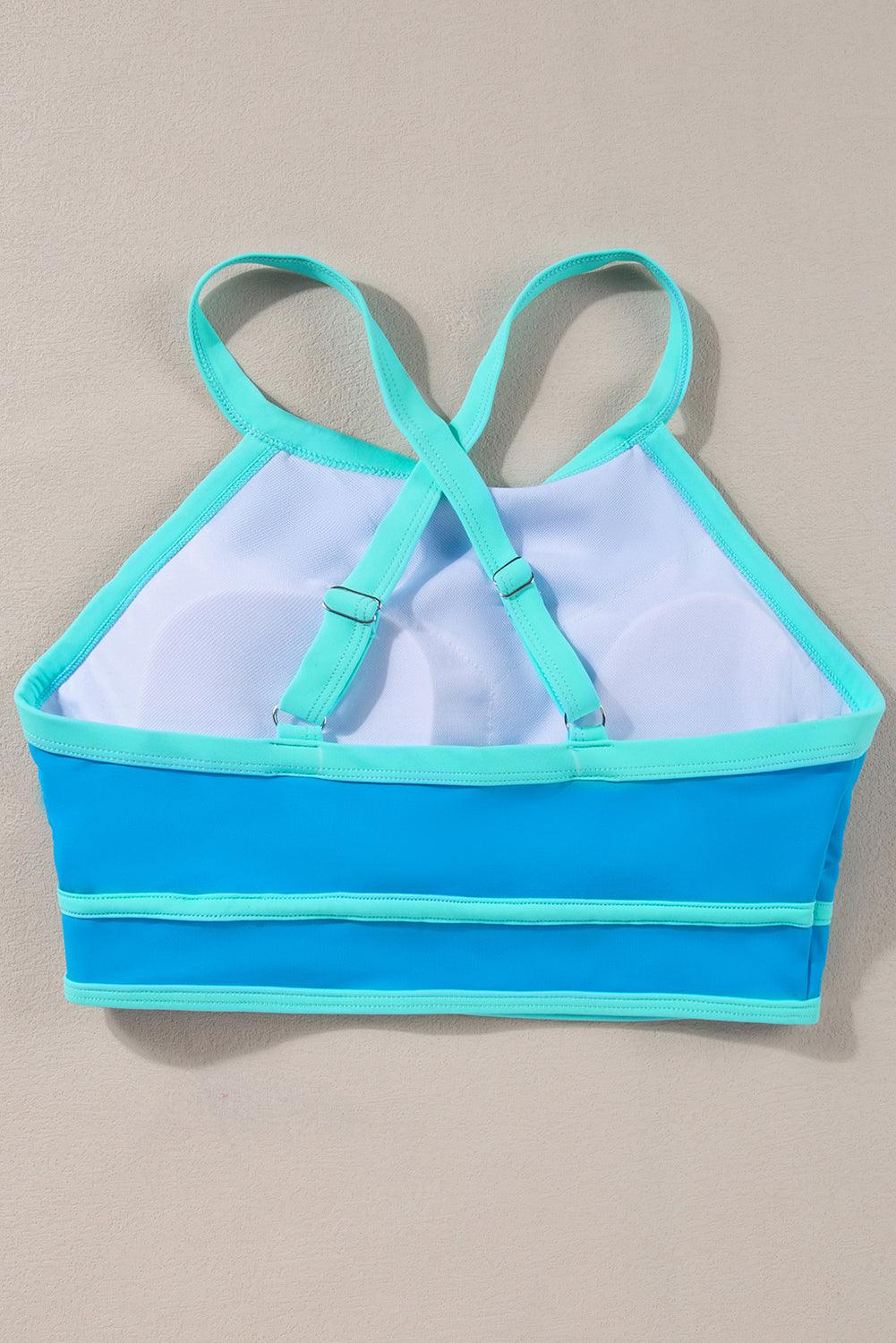 Blue Contrast Trim Crisscross Back High Waisted Bikini - L & M Kee, LLC