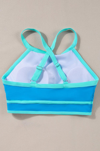 Blue Contrast Trim Crisscross Back High Waisted Bikini - L & M Kee, LLC