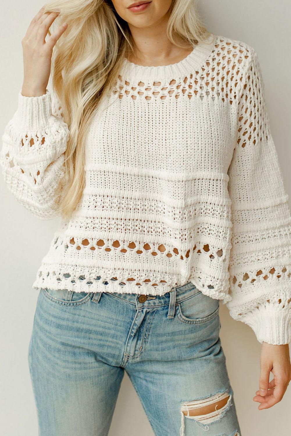 White Solid Color Pointelle Knit Puff Sleeve Sweater - L & M Kee, LLC