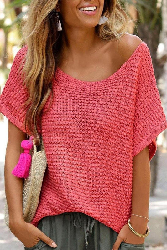 Red Clay Solid Loose Knit Short Dolman Sleeve Sweater - L & M Kee, LLC