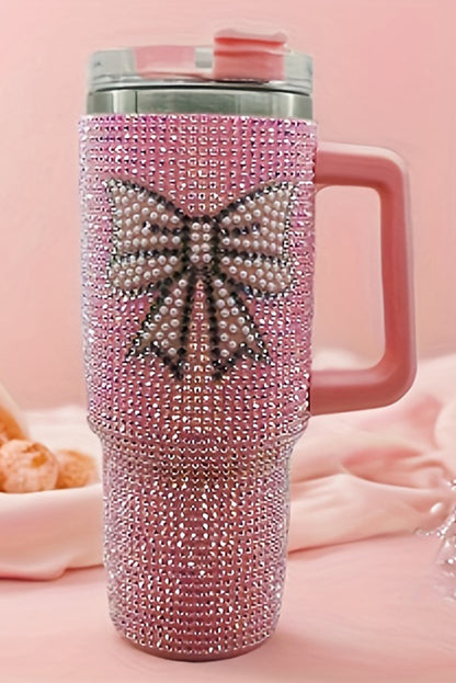 Pink Bow Knot Rhinestone Insulated Portable Cup 40oz