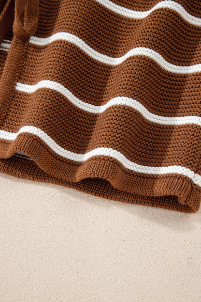 Chestnut Tie Front Striped Knit V Neck Cardigan Sweater