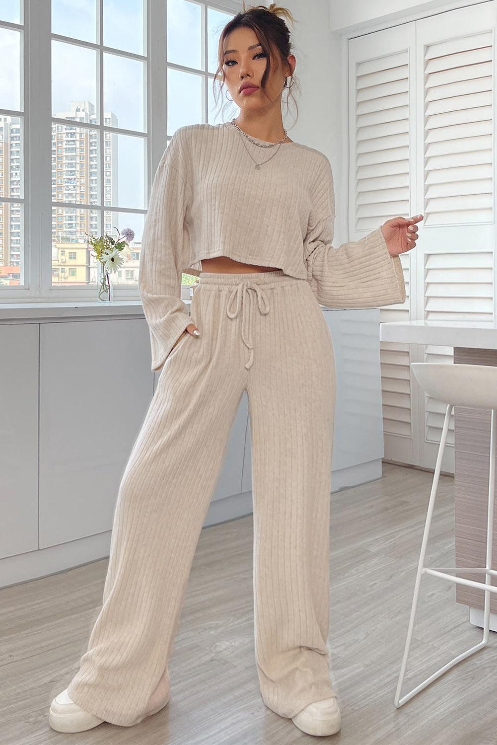 Khaki Ribbed Knit Bell Sleeve Crop Top Drawstring Pants Set - L & M Kee, LLC