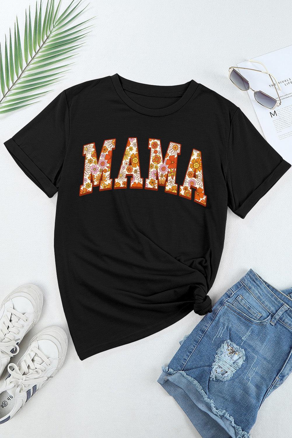 Black Flower Printed MAMA Letter Graphic T-shirt - L & M Kee, LLC