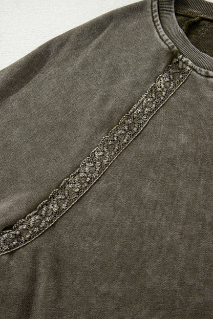 Jungle Green Lace Patchwork Detail Notched Neck Mineral Wash Baggy Sweatshirt