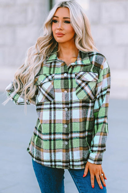 Geometric Plaid Print Pocketed Shacket - L & M Kee, LLC