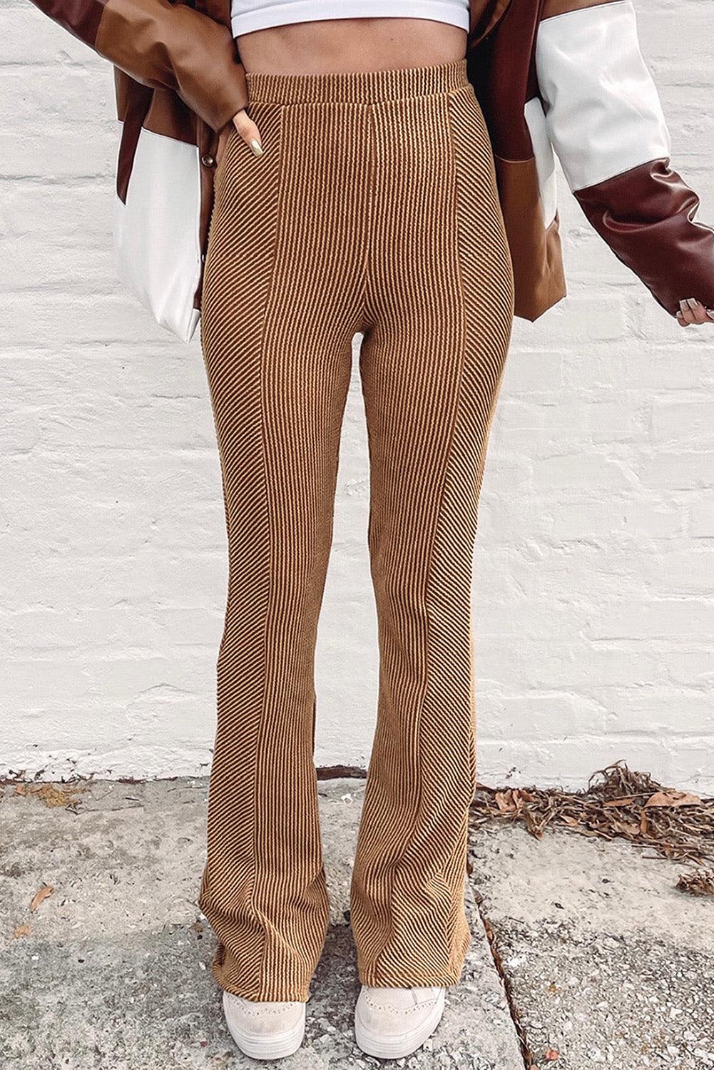 Brown Ribbed Knit High Rise Flare Leggings - L & M Kee, LLC