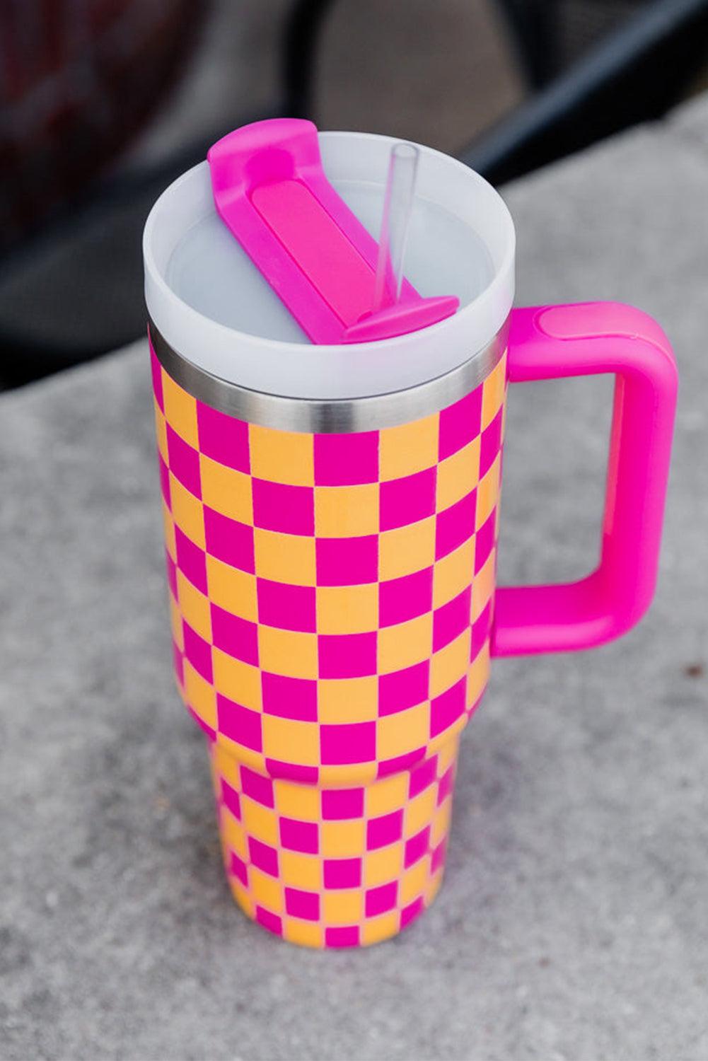 Dark Pink Checkered Print Handled Stainless Steel Tumbler Cup 40oz - L & M Kee, LLC