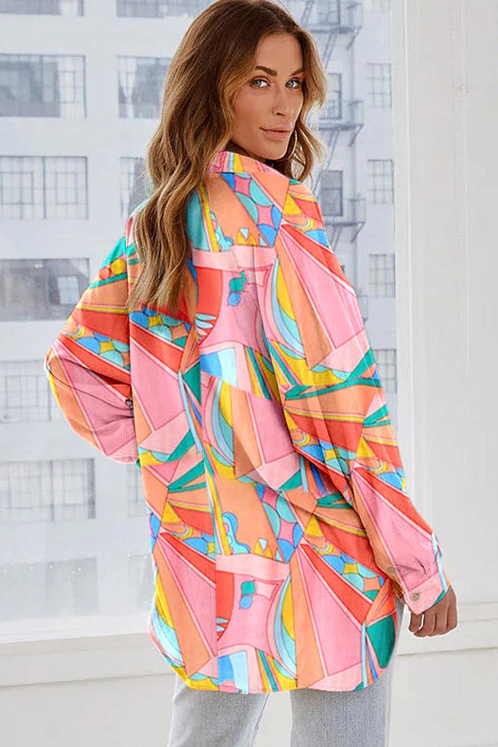 Multicolor Geometric Abstract Print Long Sleeve Shirt Dress - L & M Kee, LLC